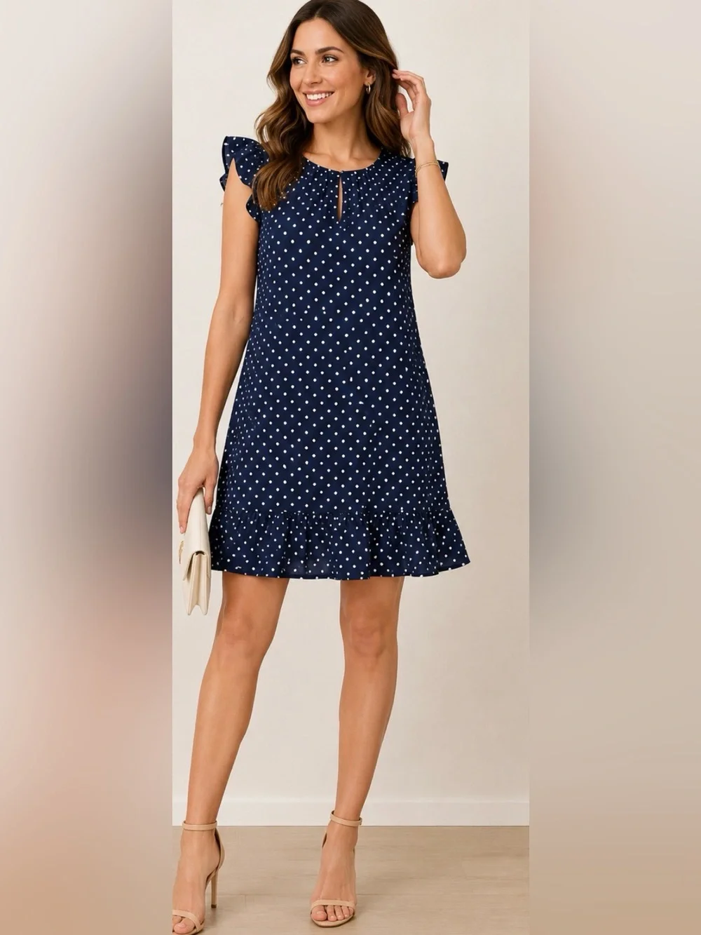 J.Crew Navy White Polka‎ Dot Ruffle Dress XL Mini Shift Flutter Sleeve